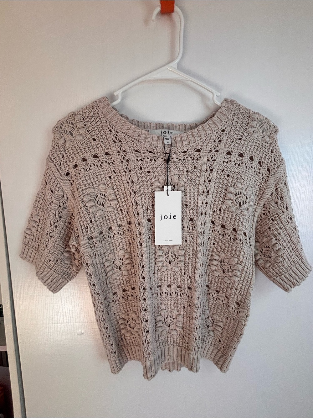 Joie Taupe Crochet Openwork Short Sleeve Sweater